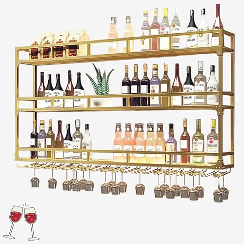 Weinregal Wand Metall mit Licht Flaschenregal Wine Rack Bar Regal Wand Weinschrank Hausbar Schmal Barschrank mit Weinglashalter Weinständer Getränke Regal für Bartheke Wohnzimmer Küche(Gold,150cm(59.0 von JOSIAHCQ