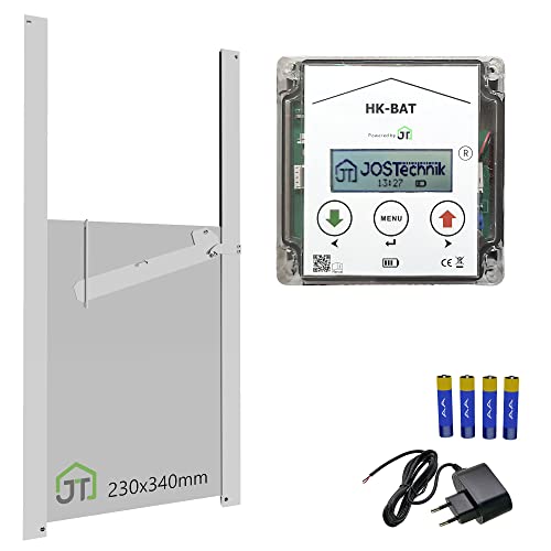 Hühnerklappe Batteriebetrieb HK-BAT mit selbstverriegelnder Klappe 230x340mm + Steuerung Anlocklicht von JOSTechnik