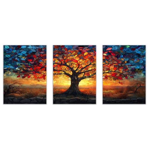 JOSUE 3 Stück Lebensbaum Bild Abstrakte Landschaft LeinwäNde Groß Xxl Wall Decoration Bilder,Rot, Blau Modern Wandbilder Deko FüR Wohnzimmer Schlafzimmer-60x80cmx3 Ungerahmt von JOSUE