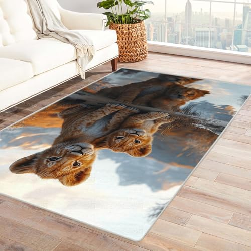 JOSUE 3D Home Teppich Wohnzimmer Löwe Lustiger süßer Löwensee ideal fürs Wohnzimmer, Schlafzimmer und Kinderzimmer auch als Badematte(Braun)-90x120cm von JOSUE