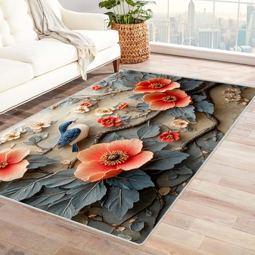 JOSUE 3D Home Teppich Wohnzimmer Vintage Boho Rétro Carpet Minimalistische Blumen Kinderzimmer Teppich Nachttisch Moderner Einfacher Rug(Rosa 58)-90x120cm von JOSUE