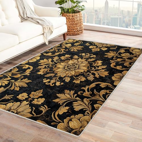 JOSUE 3D Home Teppich Wohnzimmer Vintage Boho Rétro Carpet Minimalistische Blumen Schlafzimmer Dekoration Bodenbelag Innenbereich Teppich Waschbar Anti-Rutsch(Gold)-90x120cm von JOSUE