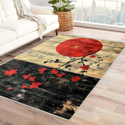 JOSUE 3D Home Teppich Wohnzimmer Vintage Boho Rétro Carpet Mond Blumen ideal fürs Wohnzimmer, Schlafzimmer und Kinderzimmer auch als Badematte Rug(Rot)-120x150cm von JOSUE