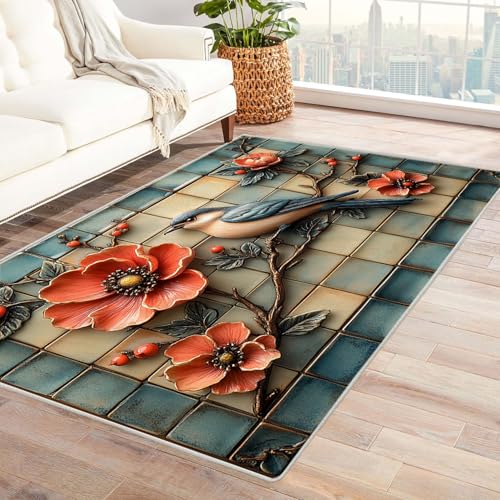 JOSUE 3D Home Teppich Wohnzimmer Vintage Boho Rétro Carpet Tierische Blumen Wohnzimmer Teppich Weiche rutschfeste Waschbare Fußmatte Spielmatte Rug(Rosa 40)-150x210cm von JOSUE
