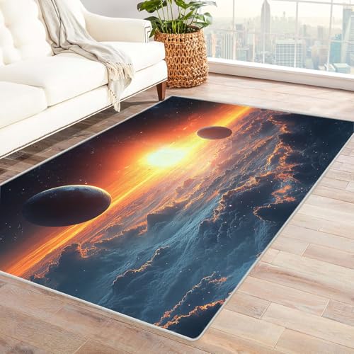 JOSUE 3D Teppich Kinderzimmer Sternenhimmel Abstrakter Mond Bunt Wohnzimmer Teppich Weiche rutschfeste Waschbare Fußmatte Spielmatte(Orange 60)-150x210cm von JOSUE