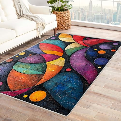 JOSUE 3D Teppich Kinderzimmer Vintage Boho Rétro Carpet Bunte Linien kreisen Wohnzimmer Teppich Weiche rutschfeste Waschbare Fußmatte Spielmatte Rug(Lila)-150x240cm von JOSUE