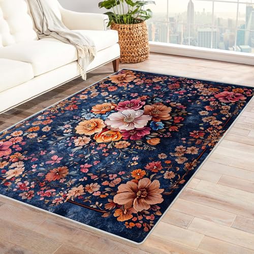 JOSUE 3D Teppich Vintage Boho Rétro Carpet Minimalistische Blumen Teppich Wohnzimmer Schlafzimmer Weich Kurzflor & Waschbar & rutschfest Rug(Orange)-60x90cm von JOSUE