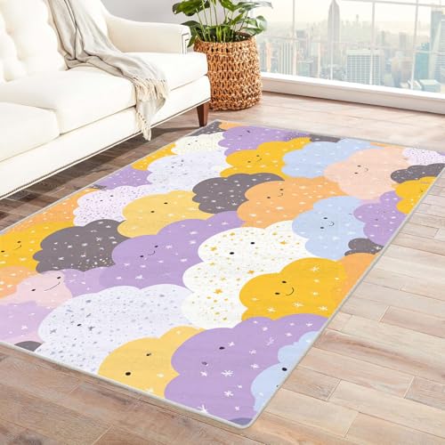 JOSUE 3D Teppich Vintage Boho Rétro Carpet Niedliche abstrakte Wolken Schlafzimmer Dekoration Bodenbelag Innenbereich Teppich Waschbar Anti-Rutsch(Gelb 14)-210x270cm von JOSUE