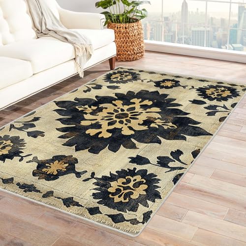 JOSUE 3D Teppich Vintage Boho Rétro Carpet Textur Blumen Schlafzimmer Dekoration Bodenbelag Innenbereich Teppich Waschbar Anti-Rutsch(Grau)-150x210cm von JOSUE