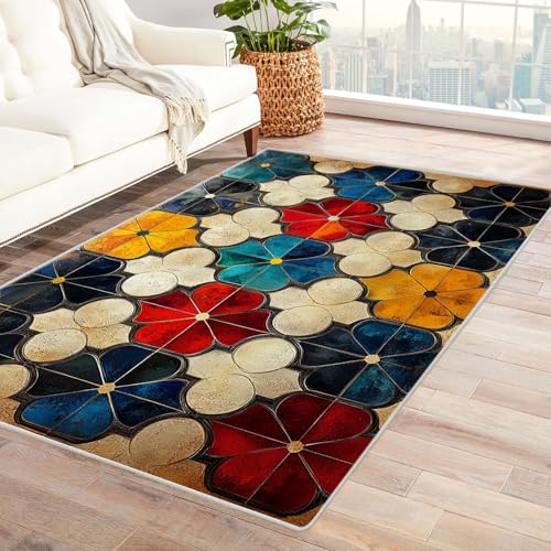 JOSUE 3D Teppich Wohnzimmer Kurzflor Vintage Boho Rétro Carpet Textur Blumen ideal fürs Wohnzimmer, Schlafzimmer und Kinderzimmer auch als Badematte Rug(Rot)-210x270cm von JOSUE