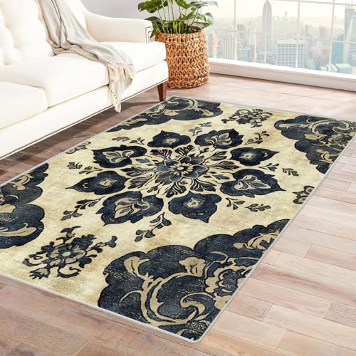 JOSUE 3D Teppich Wohnzimmer Vintage Boho Rétro Carpet Geometrie der Blume Teppich Wohnzimmer Schlafzimmer Weich Kurzflor & Waschbar & rutschfest Rug(Grau)-210x270cm von JOSUE