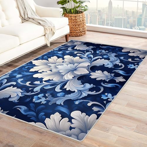 JOSUE 3D Teppich Wohnzimmer Vintage Boho Rétro Carpet Minimalistische Blumen Teppich Wohnzimmer Schlafzimmer Weich Kurzflor & Waschbar & rutschfest Rug(Blau 7)-150x180cm von JOSUE