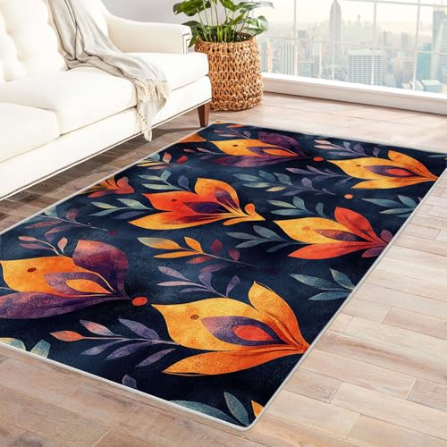 JOSUE 3D Teppich Wohnzimmer Vintage Boho Rétro Carpet Minimalistische Blumen Teppiche für Schlafzimmer Esszimmer rutschfest Weich Modern Teppich Groß(Orange)-90x150cm von JOSUE