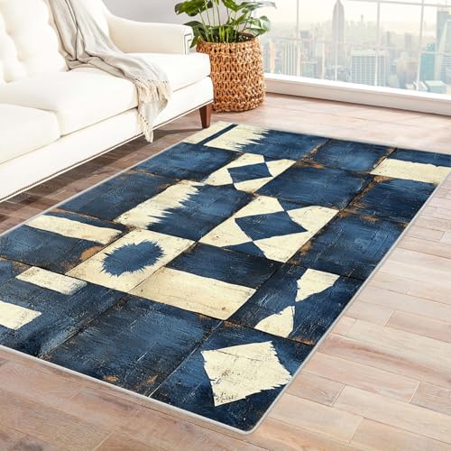 JOSUE 3D Vintage Boho Teppich Rétro Carpet Linien-Textur Teppiche für Schlafzimmer Esszimmer rutschfest Weich Modern Teppich Groß(Blau)-210x270cm von JOSUE