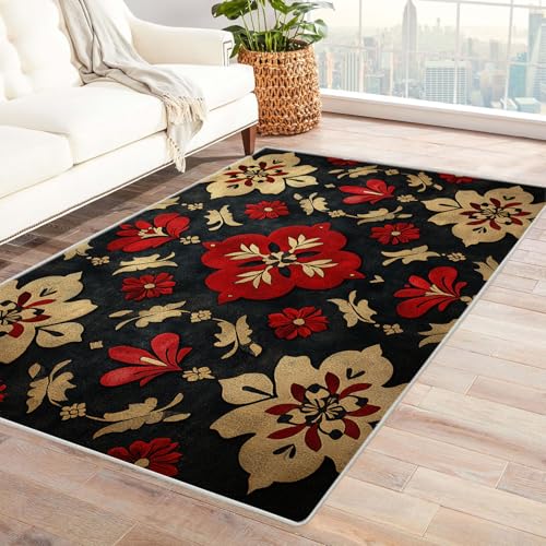 JOSUE 3D Vintage Teppich Wohnzimmer Waschbar Blumen Boho Teppiche für Schlafzimmer Esszimmer rutschfest Weich Modern Teppich Groß Rug(Rot 6)-150x180cm von JOSUE
