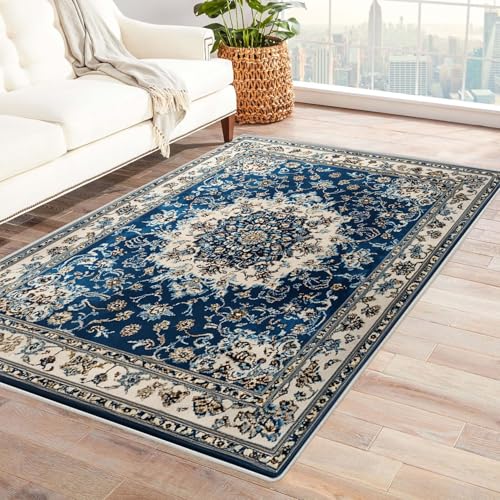 JOSUE 3D Vintage Teppich Wohnzimmer Waschbar Böhmen Schlafzimmerteppich, Waschbarerteppich, Rutschfester Teppich, für Küche, Flur, Esszimmer(Blau 33)-90x120cm von JOSUE