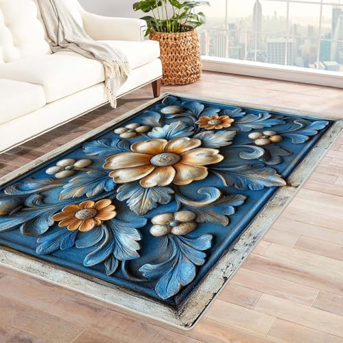JOSUE 3D Vintage Teppich Wohnzimmer Waschbar Retro Boho Teppiche für Schlafzimmer Esszimmer rutschfest Weich Modern Teppich Groß Rug(Blau 60)-120x150cm von JOSUE