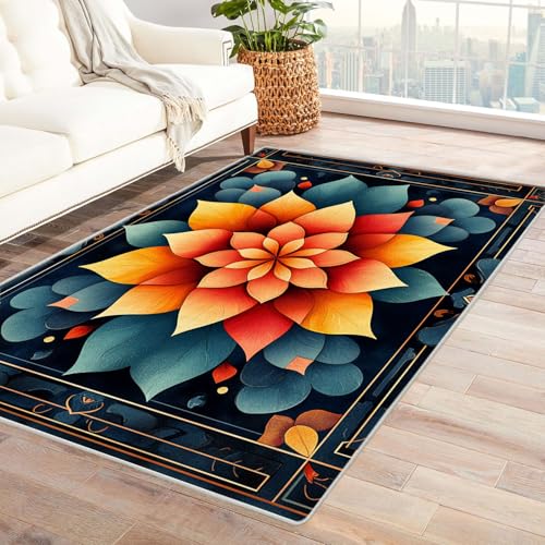 JOSUE 3D moderner Kurzflor Teppich Vintage Boho Rétro Carpet Abstrakte Blumen Teppich Wohnzimmer Schlafzimmer Weich Kurzflor & Waschbar & rutschfest Rug(Orange)-150x240cm von JOSUE