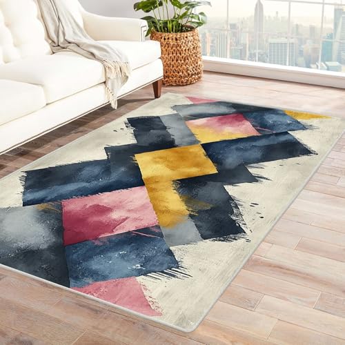 JOSUE 3D moderner Vintage Boho Rétro Carpet Wohnzimmer Teppich Farbenfrohe Geometrie Moderne Wohnzimmer Teppich Für Küche Flur Esszimmer Eingangsbereich(Rosa)-150x240cm von JOSUE