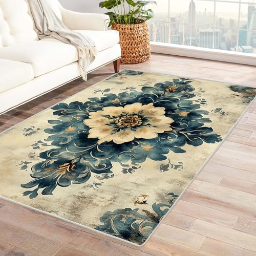 JOSUE 3D moderner Vintage Boho Rétro Carpet Wohnzimmer Teppich Geometrische Blumen Teppiche für Schlafzimmer Esszimmer rutschfest Weich Modern Teppich Groß(Grau)-150x180cm von JOSUE