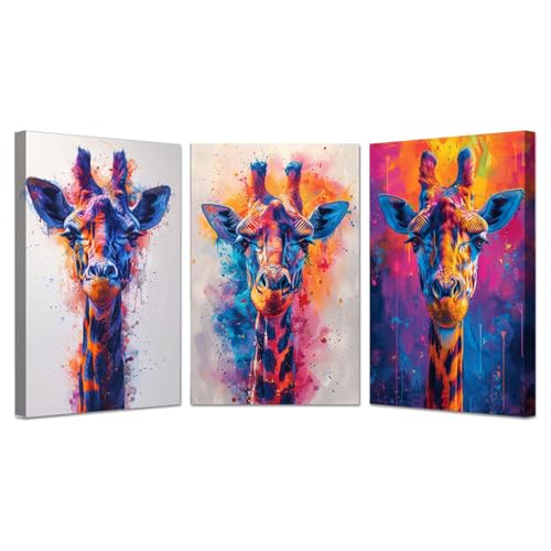 JOSUE 3er Set Aquarell Bilder Bunte Tiere Painting Bilder Leinwand,Lila, Blau Bild Kunstdrucke Wohnzimmer Wanddekoration Deko Xxl-50x70cmx3 Gerahmt von JOSUE