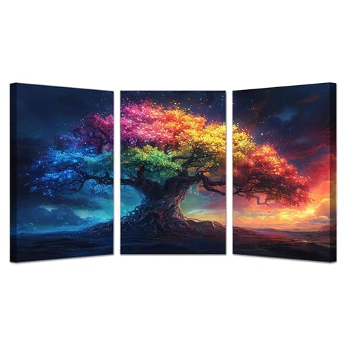 JOSUE 3er Set Baum Des Lebens Bild Abstrakte Baumlandschaft KüChenbilder Leinwand,Gelb, Rosa Wandbilder Xxl Kunstdruck Deko FüR Wohnzimmer Schlafzimmer-50x70cmx3 Gerahmt von JOSUE
