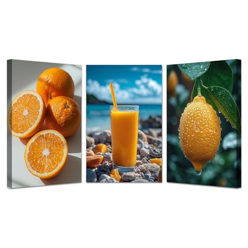 JOSUE 3er Set Bilder FüR KüChe Früchte am Meer LeinwäNde Groß Xxl Wall Decoration Bilder,Gelb, Blau Moderne Wohnzimmer Nordische Dekoration Wandkunst Malerei Bild-20x30cmx3 Gerahmt von JOSUE