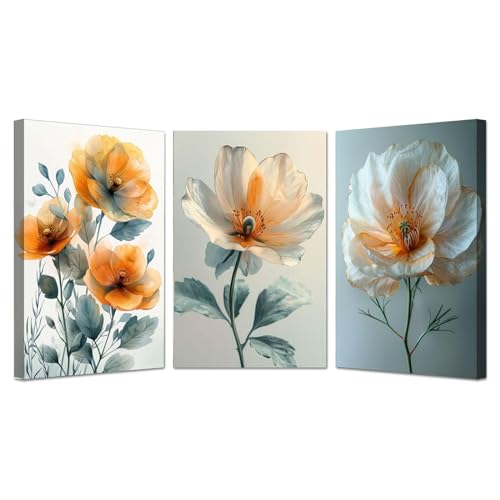 JOSUE 3er Set Boho Bilder Set Minimalistische Blumen Wohnzimmer Bilder Groß Leinwand,Gelb,Grau Poster HeimbüRo Wohnzimmer Schlafzimmer Badezimmer Wanddeko-30x45cmx3 Gerahmt von JOSUE