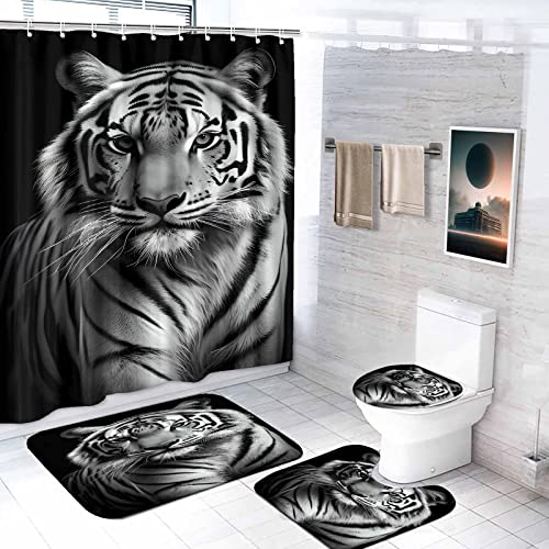 JOSUE 4 STK. duschvorhang-Sets mit rutschfesten Teppichen, Toilettendeckel und Badematte, Schwarzer und weißer Tiger - wasserdichter Stoff-Duschvorhang dekor mit 12 Haken -180x180 cm von JOSUE