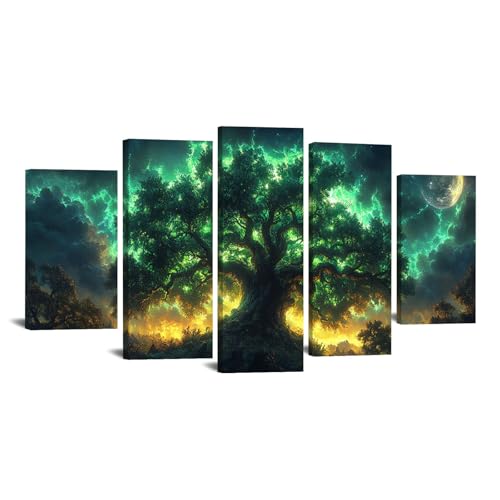 JOSUE 5 Stück Bilderrahmen Baum Des Lebens Leinwand Abstrakt Kunstdruck Moderne Deko Bilder für Wohnzimmer Schlafzimmer(Grün 59)-50x100cm Gerahmt von JOSUE