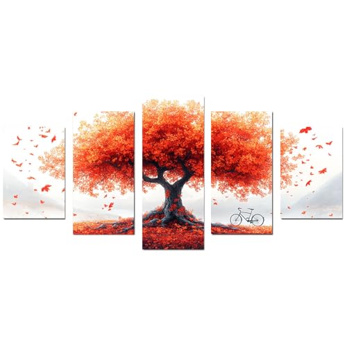 JOSUE 5 Stück Bilderrahmen Baum Des Lebens Leinwand Herbst Abstrakt Wanddeko Aesthetic Schlafzimmer Badezimmer Büro Zimmer(Rot 37)-50x100cm Ungerahmt von JOSUE