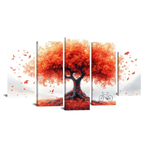 JOSUE 5 Stück Bilderrahmen Baum Des Lebens Leinwand Herbst Abstrakt Wanddeko Aesthetic Schlafzimmer Badezimmer Büro Zimmer(Rot 37)-80x150cm Gerahmt von JOSUE