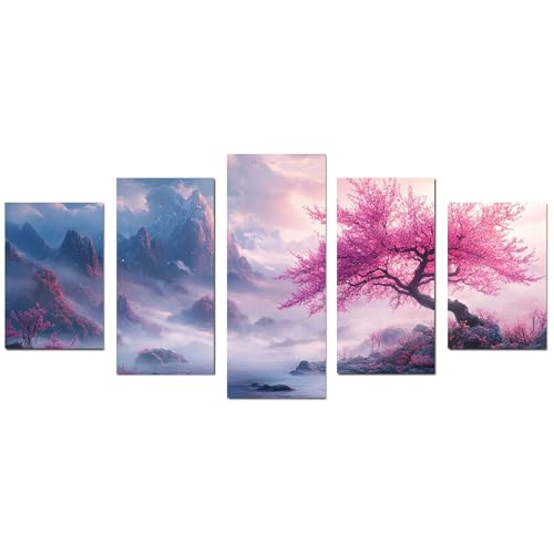JOSUE 5 Stück Leinwand Bilder Groß XXL Wanddeko Wohnzimmer Deko Berge Bild Schlafzimmer über Bett Room Decor Baum - Kunst - Natur(Rosa 10)-100x150cm Ungerahmt von JOSUE