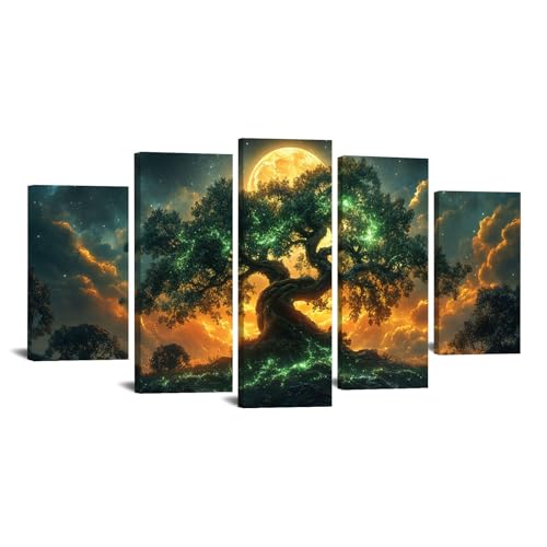 JOSUE 5 Teilig Bilderrahmen Mit Baum Des Lebens Leinwand Abstrakter Mond Wandbilder Wandkunst bild auf Malerei Bar Kaffeehaus Galerie Wanddekoration(Grün 60)-100x150cm Gerahmt von JOSUE