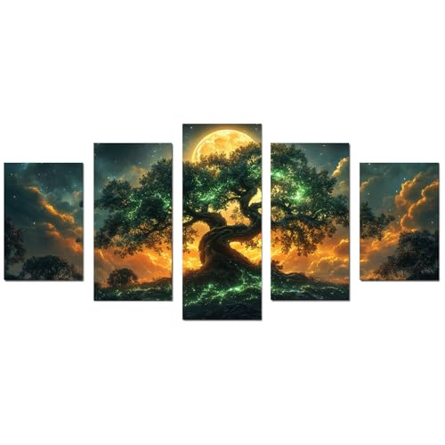 JOSUE 5 Teilig Bilderrahmen Mit Baum Des Lebens Leinwand Abstrakter Mond Wandbilder Wandkunst bild auf Malerei Bar Kaffeehaus Galerie Wanddekoration(Grün 60)-60x125cm Ungerahmt von JOSUE