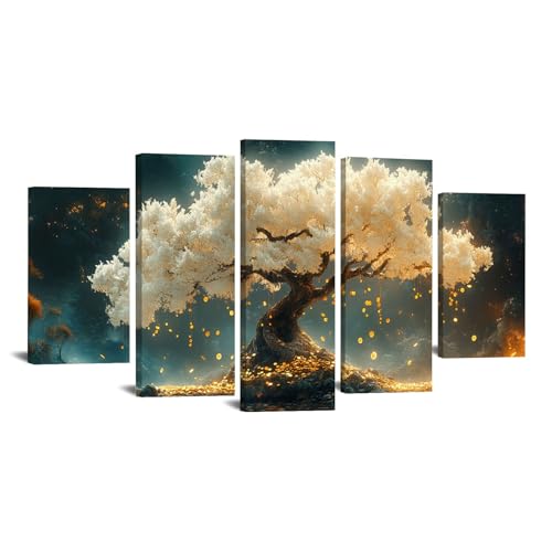 JOSUE 5 Teilig Bilderrahmen Mit Baum Des Lebens Leinwand Minimalistisch Modern Deko für wohnzimmer schlafzimmer - Natur Landschafts bilder(Weiß 16)-50x100cm Gerahmt von JOSUE