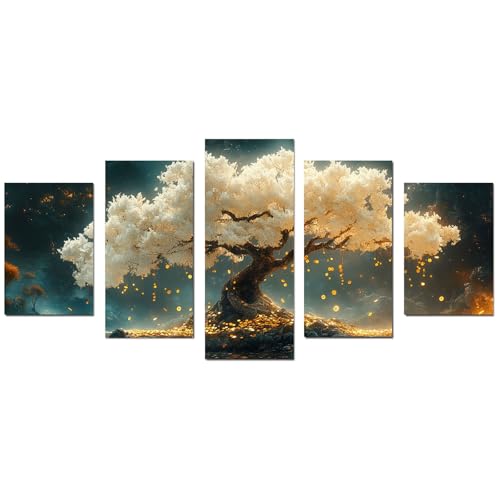 JOSUE 5 Teilig Bilderrahmen Mit Baum Des Lebens Leinwand Minimalistisch Modern Deko für wohnzimmer schlafzimmer - Natur Landschafts bilder(Weiß 16)-60x125cm Ungerahmt von JOSUE