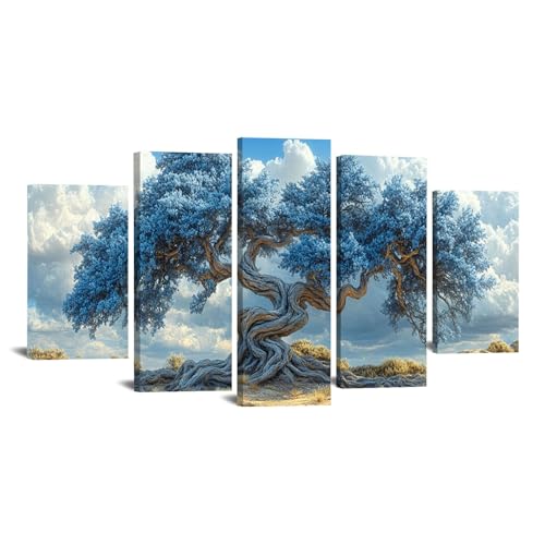 JOSUE 5 Teilig Bilderrahmen Mit Baum Des Lebens Leinwand Wolken XXL Wohnzimmer - Wandbilder Schlafzimmer - Deko Aesthetic(Blau 38)-100x150cm Gerahmt von JOSUE
