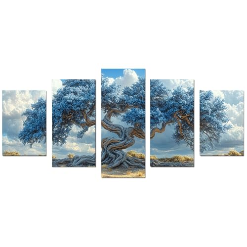 JOSUE 5 Teilig Bilderrahmen Mit Baum Des Lebens Leinwand Wolken XXL Wohnzimmer - Wandbilder Schlafzimmer - Deko Aesthetic(Blau 38)-50x100cm Ungerahmt von JOSUE