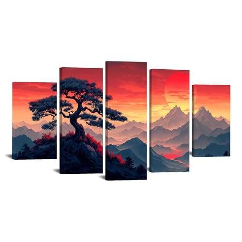 JOSUE 5 Teilig Groß Leinwandbilder Bilder, Baum Lebens bild Leinwand Berge Abstrakt Wanddeko Aesthetic Schlafzimmer Badezimmer Büro Zimmer(Rot 50)-50x100cm Gerahmt von JOSUE