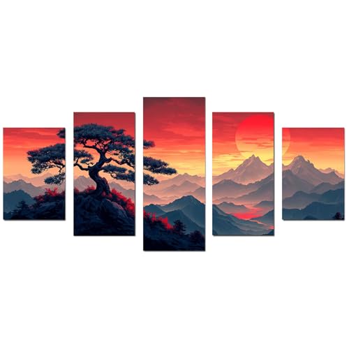 JOSUE 5 Teilig Groß Leinwandbilder Bilder, Baum Lebens bild Leinwand Berge Abstrakt Wanddeko Aesthetic Schlafzimmer Badezimmer Büro Zimmer(Rot 50)-50x100cm Ungerahmt von JOSUE