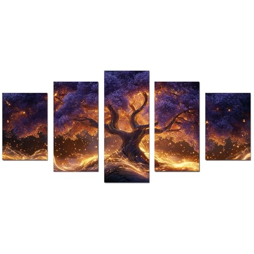 JOSUE 5 Teilig Groß Leinwandbilder Bilder, Baum Lebens bild Leinwand Minimalismus Wandbilder Dekoration Küche Wanddeko Bild Wand Kunstdruck Art Wall Decor Canvas(Lila 28)-100x200cm Ungerahmt von JOSUE