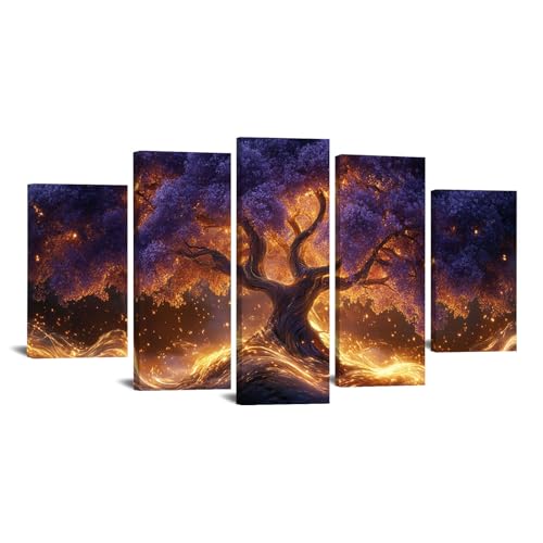 JOSUE 5 Teilig Groß Leinwandbilder Bilder, Baum Lebens bild Leinwand Minimalismus Wandbilder Dekoration Küche Wanddeko Bild Wand Kunstdruck Art Wall Decor Canvas(Lila 28)-60x125cm Gerahmt von JOSUE
