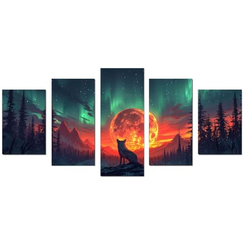 JOSUE 5 Teilig Wald Bilder Wohnzimmer Mond Tier LeinwäNde Groß Xxl Bilder,Rot, schwarz Bild Moderne Wandbilder Wohnzimmer Schlafzimmer Wanddeko-100x200cm Ungerahmt von JOSUE