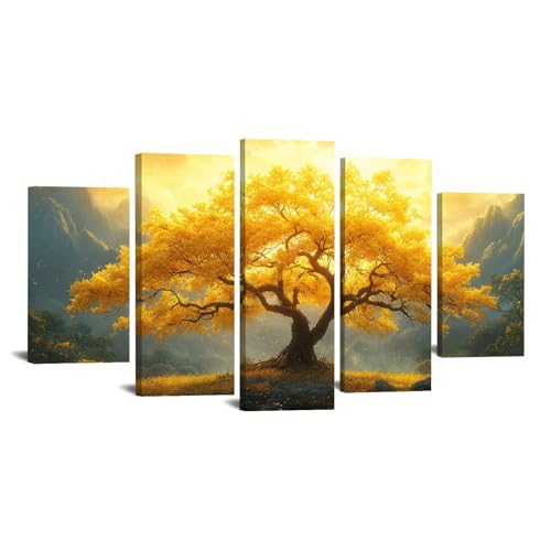 JOSUE 5-teiliges Set Leinwand Bilder - Bunter Baum des Lebens - Canvas Berg Wandbilder Dekoration Küche Wanddeko Bild Wand Kunstdruck Art Wall Decor Canvas(Gelb 41)-60x125cm Gerahmt von JOSUE