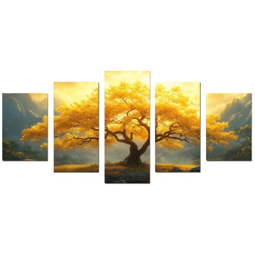 JOSUE 5-teiliges Set Leinwand Bilder - Bunter Baum des Lebens - Canvas Berg Wandbilder Dekoration Küche Wanddeko Bild Wand Kunstdruck Art Wall Decor Canvas(Gelb 41)-80x150cm Ungerahmt von JOSUE