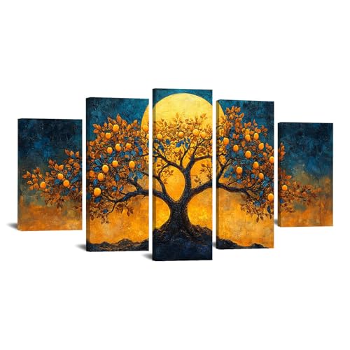 JOSUE 5-teiliges Set Leinwand Bilder - Bunter Baum des Lebens - Canvas Mond Abstrakt Wanddeko Aesthetic Schlafzimmer Badezimmer Büro Zimmer(Gelb 63)-100x150cm Gerahmt von JOSUE