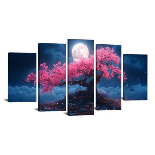 JOSUE 5er Set Baum Des Lebens Bilder Auf Leinwand Mond am Himmel Leinwandbilder Malerei Gemälde Poster Foto Bild auf Wandbilder Heimbüro(Rosa 35)-80x150cm Gerahmt von JOSUE