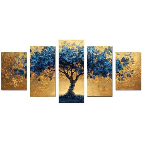 JOSUE 5er Set Leinwand Bilder XXL Wohnzimmer Schlafzimmer Büro Flur Küche Wandbilder, Minimalistischer Baum des Lebens Modern GemäLde Wanddekoration Kunstdruck - 50x100cm Ungerahmt(Blau) von JOSUE