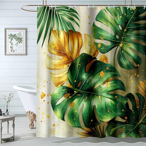 JOSUE Boho-Farben-Blumen-Kunst-Badevorhang Blatt PflanzenNatur-Duschvorhang-Set mit Haken, schwer und wasserabweisend-H200 x B200 cm von JOSUE